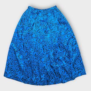80s Silk Blue Black Leaf Block Boho Tribal Print Midi Skirt Modern Sz 4